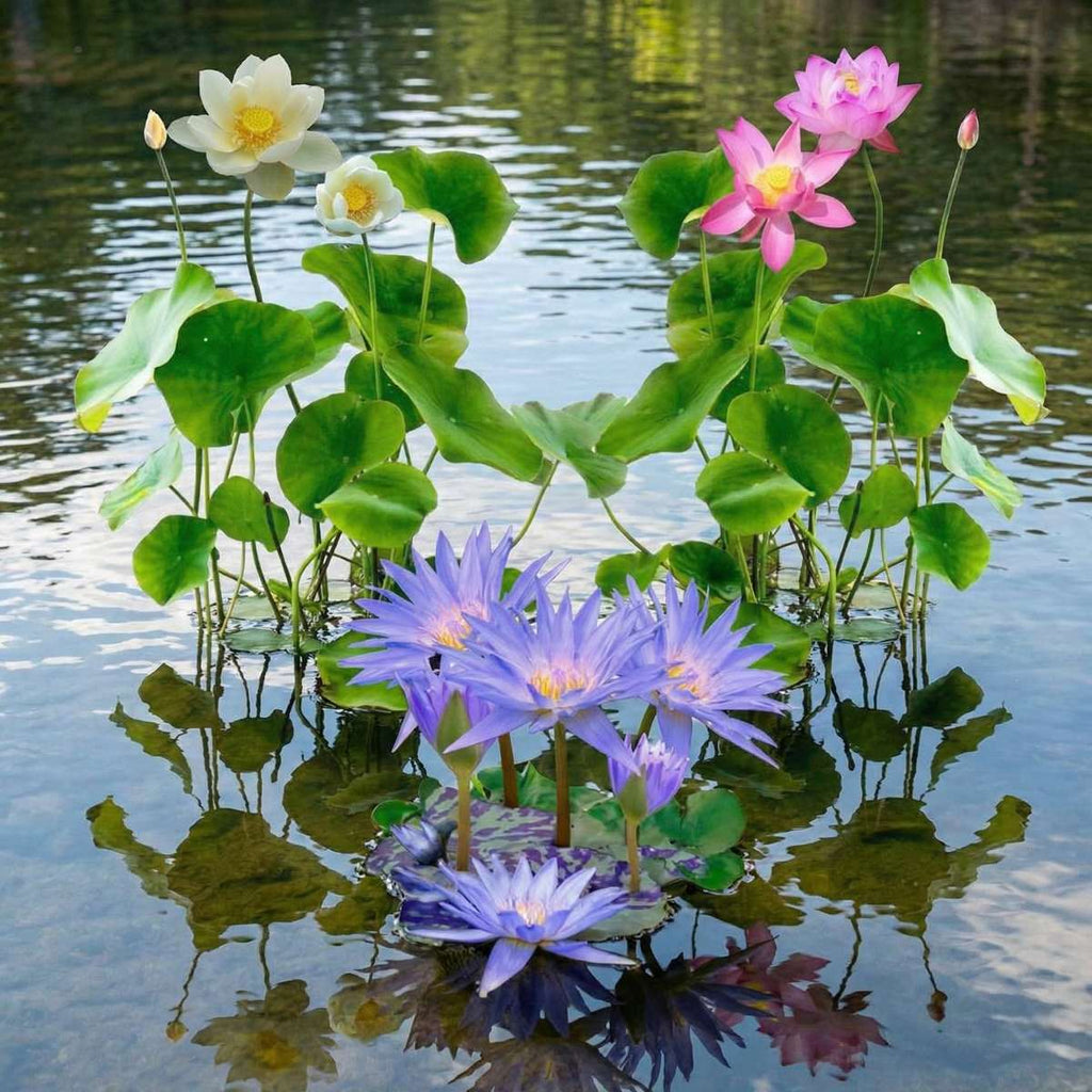 Blauwe Waterlelie + 4 Lotussen