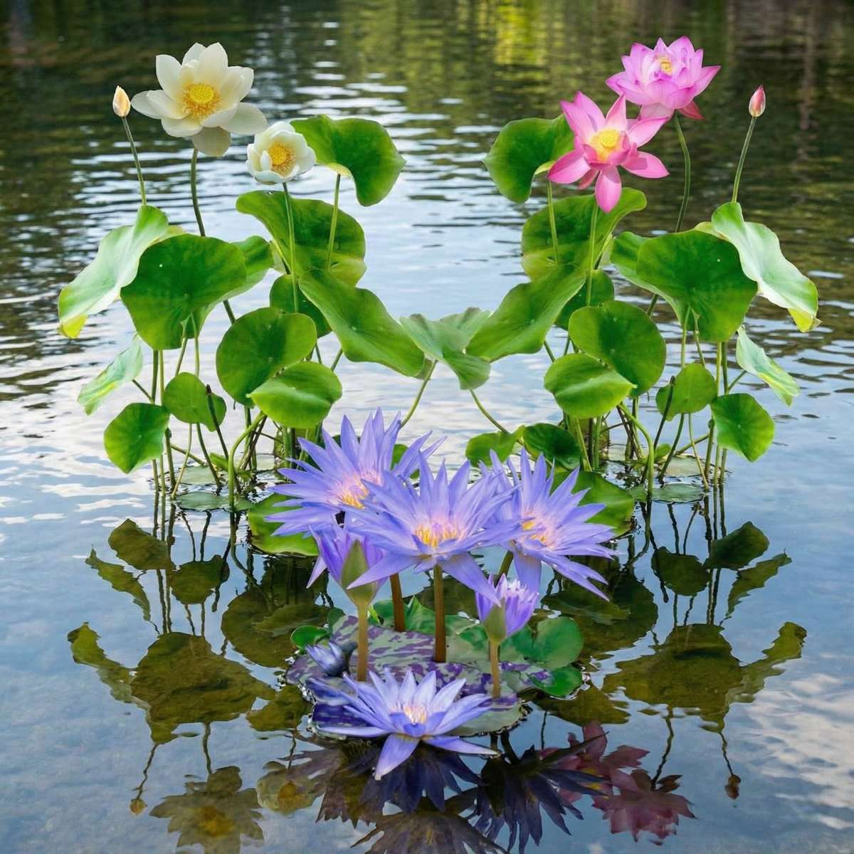 Blauwe Waterlelie + 4 Lotussen