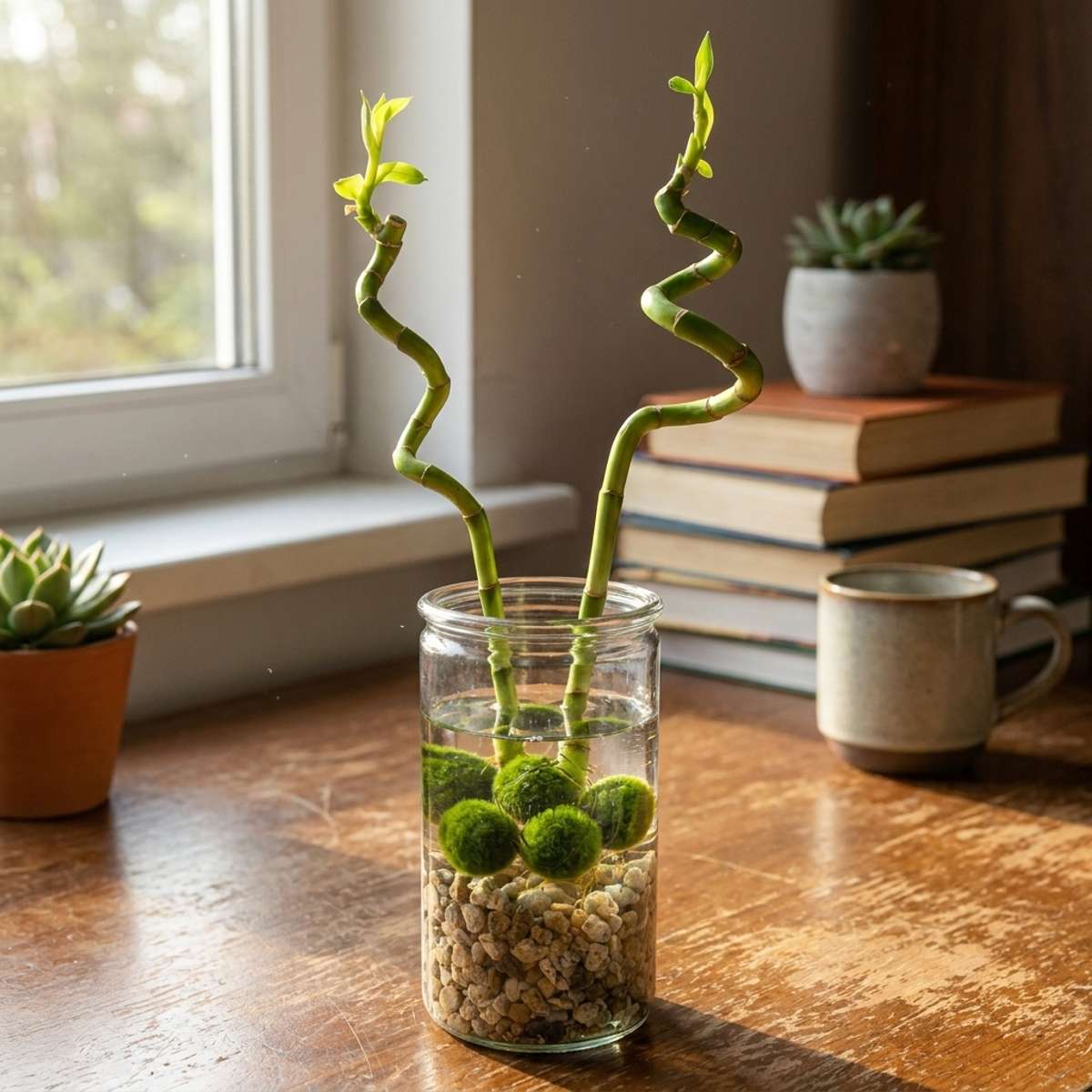 Lucky bamboo x2 met vaas, steentjes en mosballen
